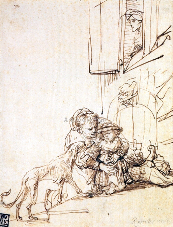  Rembrandt Van Rijn Woman with a Child Frightened by a Dog - Art Print