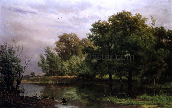  Jan Willem Van Borselen Wooded River Landscape with Ducks on a Bank - Art Print
