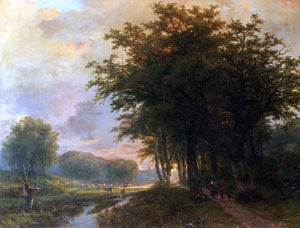  Johann Bernard Klombeck A Wooded River Valley With Peasants On A Path, Cattle In A  Meadow Beyond - Art Print