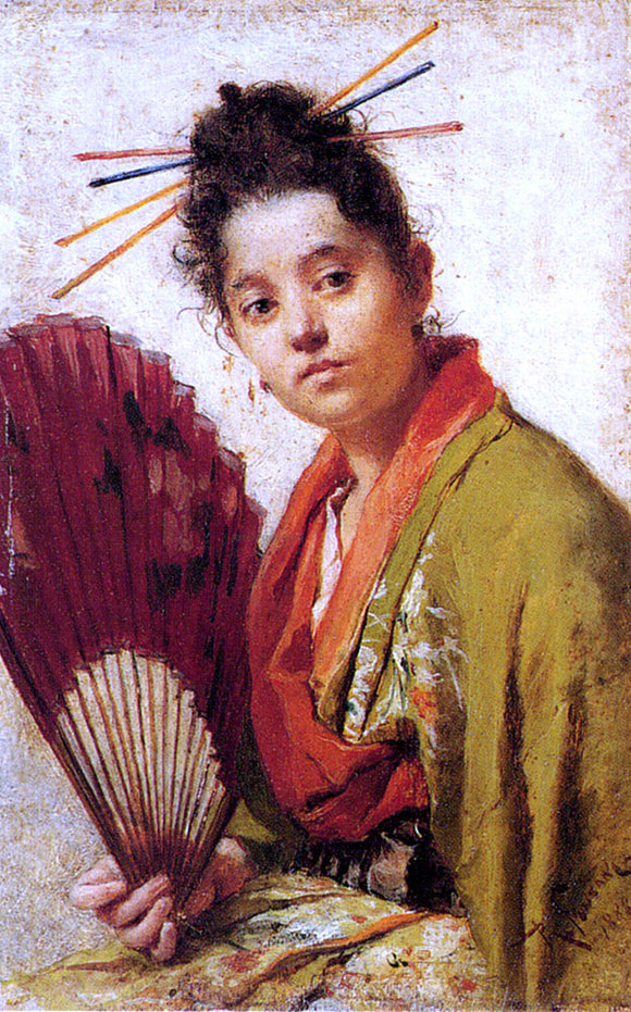 Roberto Fontano A Young Girl Holding A Fan - Art Print