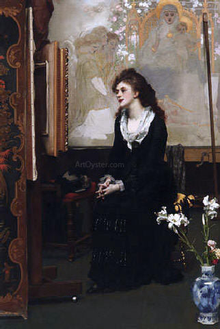  Karl Gussow A Young Woman Views a Painting on an Easel in Front of a Cartoon - Art Print