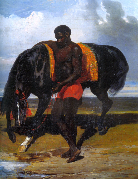  Alfred De Dreux Africain tenant un cheval au bord d'une mer - Art Print