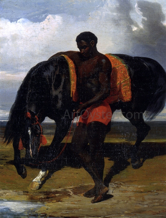  Alfred De Dreux African Tending a Horse by the Sea - Art Print