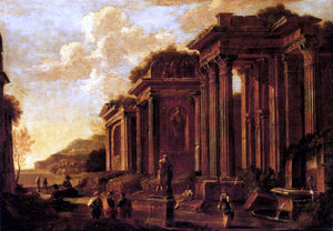  Giovanni Ghisolfi An Architectural Capriccio with Figures Amongst Ruins - Art Print