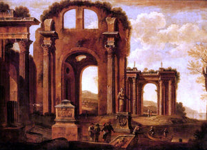  Giovanni Ghisolfi An Architectural Capriccio with Figures by a Statue and a Fountain - Art Print
