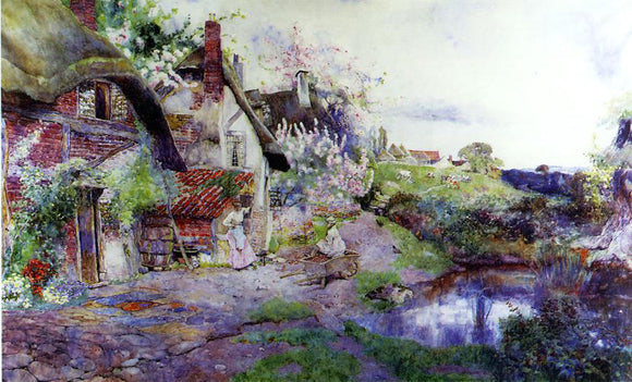  David Woodlock An English Idyll, Figures outside a Thatched Cottage - Art Print
