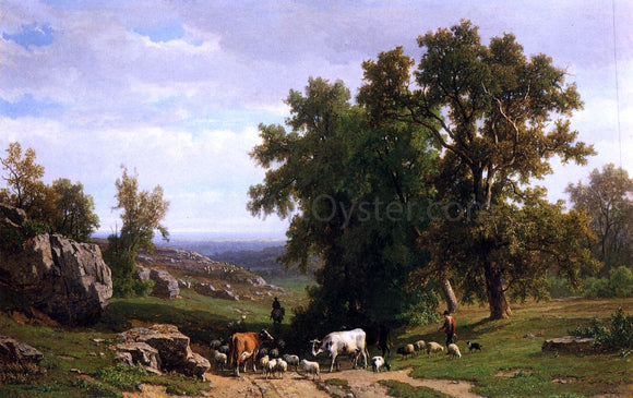  Eugene Verboeckhoven An Extensive Wooded Rocky Landscape with Shepherds and Flock, Cows and a Traveller on a Horseback - Art Print