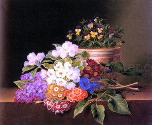  Johan Laurentz Jensen Apple Blossoms, Lilac, Violas, Cornflowers and Primroses on a Ledge - Art Print