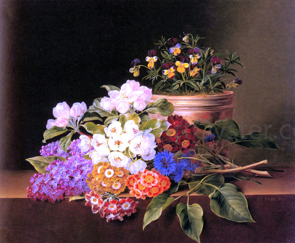  Johan Laurentz Jensen Apple Blossoms, Lilac, Violas, Cornflowers and Primroses on a Ledge - Art Print