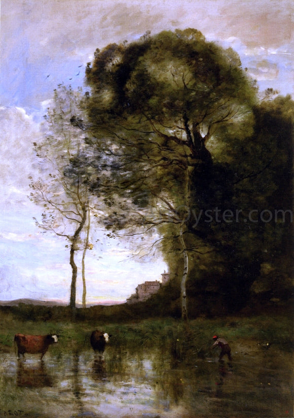  Jean-Baptiste-Camille Corot Banks of a Pond with Two Cows, Italian Souvenir - Art Print