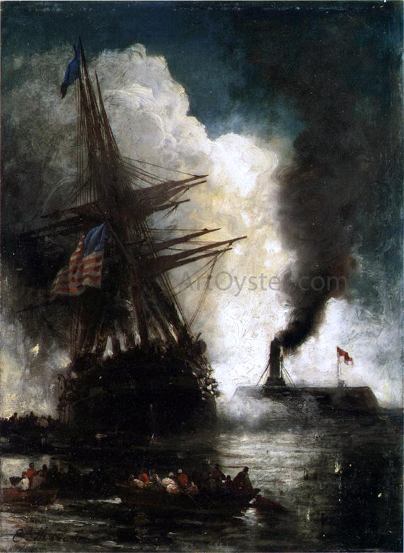  Edward Moran Battle Between Ironclad, Merrimac and Chesapeake - Art Print