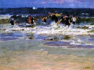  Edward Potthast Beach Scene, Jumping in the Surf - Art Print