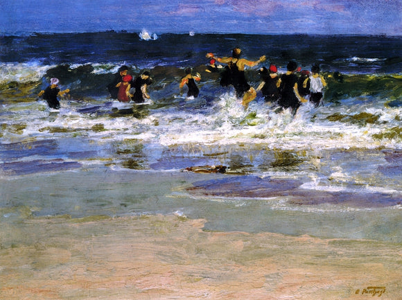  Edward Potthast Beach Scene, Jumping in the Surf - Art Print