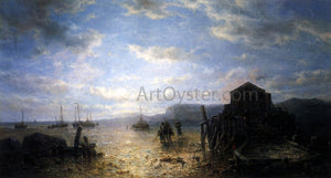  Francois Etienne Musin Beached Bomschuiten and Shrimp Fishers by a Jetty at Low Tide - Art Print