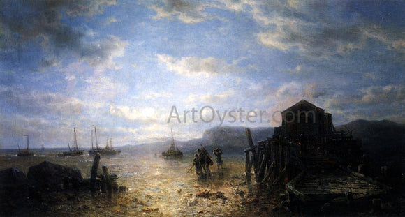  Francois Etienne Musin Beached Bomschuiten and Shrimp Fishers by a Jetty at Low Tide - Art Print