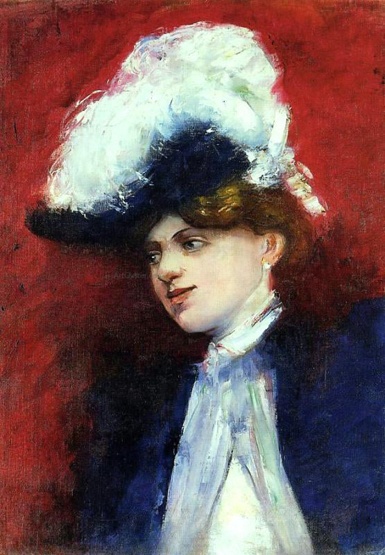  Lesser Ury Beautiful Woman with Feathered Hat - Art Print