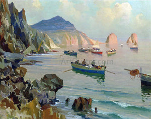  Edward Potthast Boats in a Rocky Cove - Art Print