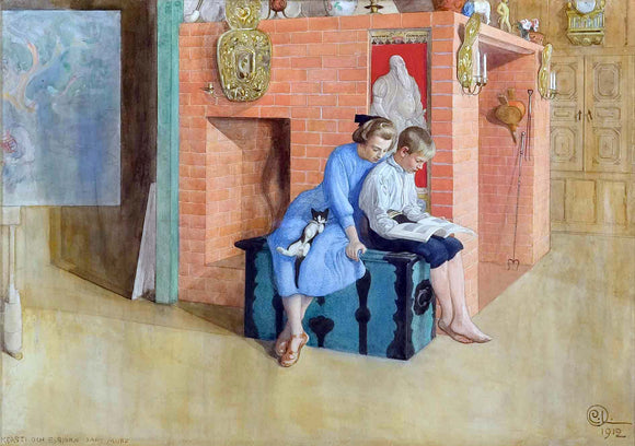  Carl Larsson Book for three (also known as TRE OM EN BOK / KERSTI OCH ESBJORN SAMT MUFF) - Art Print