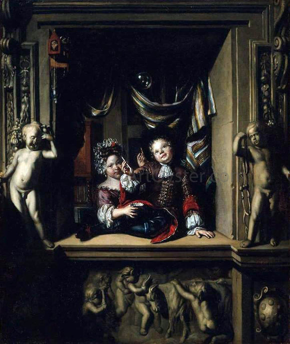  Matthijs Naiveu Boy and Girl Blowing Soap Bubbles - Art Print