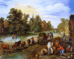  The Elder Jan Bruegel Busy Village Street with Resting Travellers - Art Print