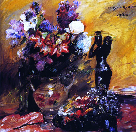  Lovis Corinth Cala lilies andn Lilacs with a Bronze Figurine - Art Print