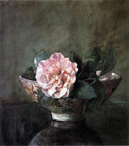  John La Farge Camellia in Old Chinese Vase on Black Lacquer Table - Art Print