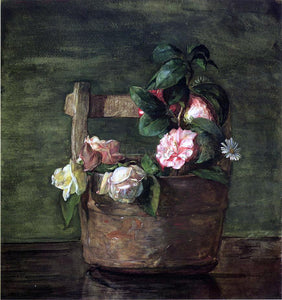  John La Farge Camellias and Roses in Japanese Vase of Earthenware with Crackle - Art Print
