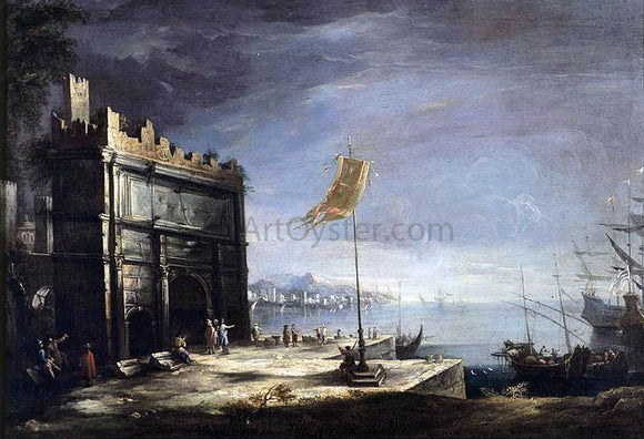  Antonio Stom Capriccio of a Port Scene with a Classical Arch - Art Print