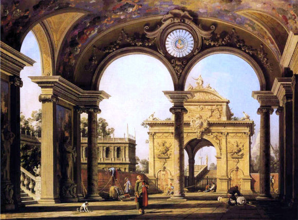  Canaletto Capriccio of a Renaissance Triumphal Arch seen from the Portico of a Palace - Art Print