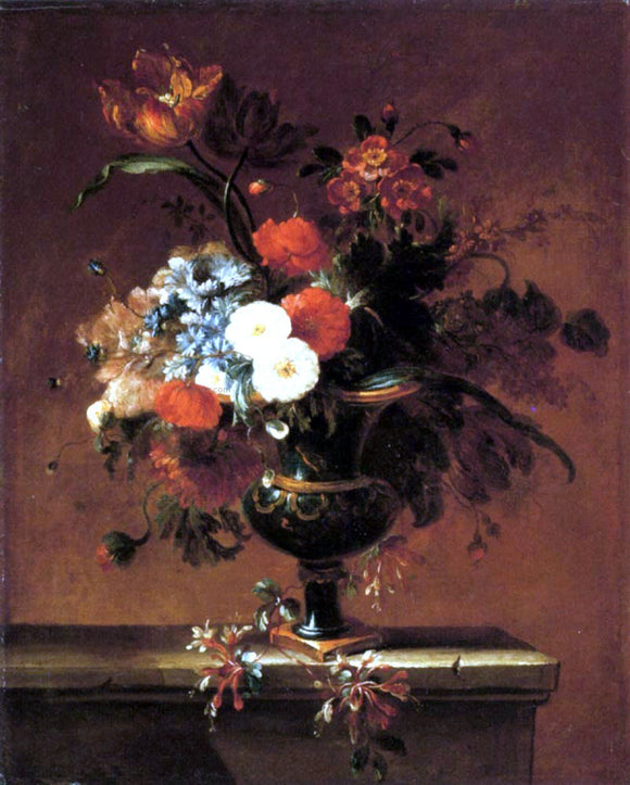  Jacques-Charles Dutillieu Carnations, Peonies, Narcissi and other Flowers in an Urn on a Ledge - Art Print