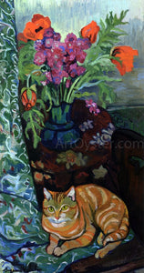  Suzanne Valadon Cat Lying in front of a Bouquet of Flowers - Art Print