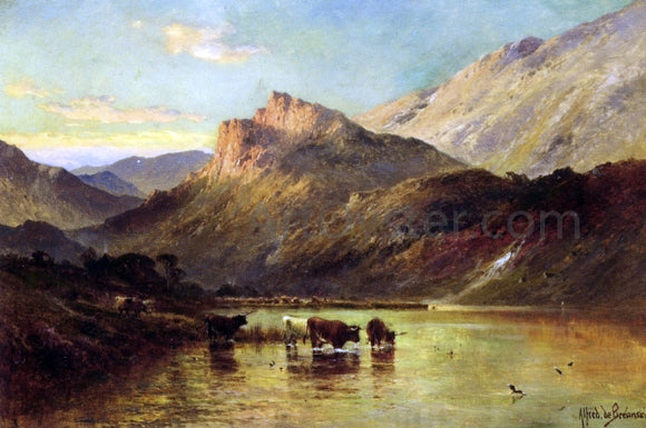  Senior Alfred De Breanski Cattle Watering in a Mountainous Landscape - Art Print