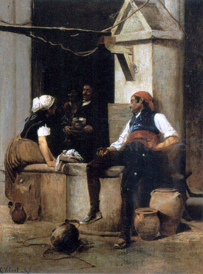  Jehan-Georges Vibert Chatting by the Fountain - Art Print