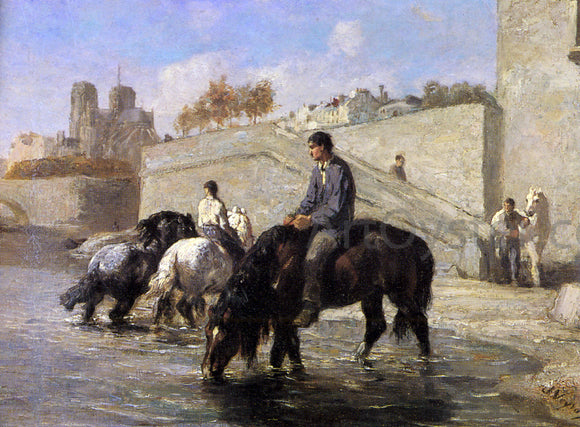  Jules Jacques Veyrassat Chevaux s'Abreuvant dans la Seine Derriere Notre Dame - Art Print