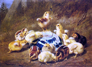  Arthur Fitzwilliam Tait Chicks and Delft Bowl - Art Print