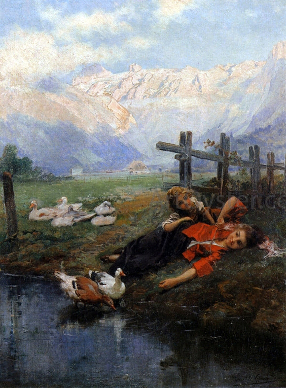  Daniel Hernandez Children and Geese by a Pond - Art Print