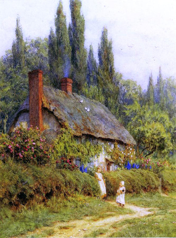  Helen Allingham Children on a Path outside a Thatched Cotate, West Horsley, Surrey - Art Print