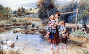  Myles Birket Foster Children Paddling in a Stream - Art Print