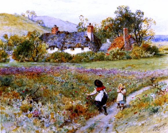  William Stephen Coleman Children Playing On A Path, Cottages Beyond - Art Print