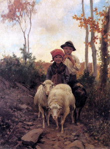  Stefano Bruzzi Children With Sheep On A Path - Art Print