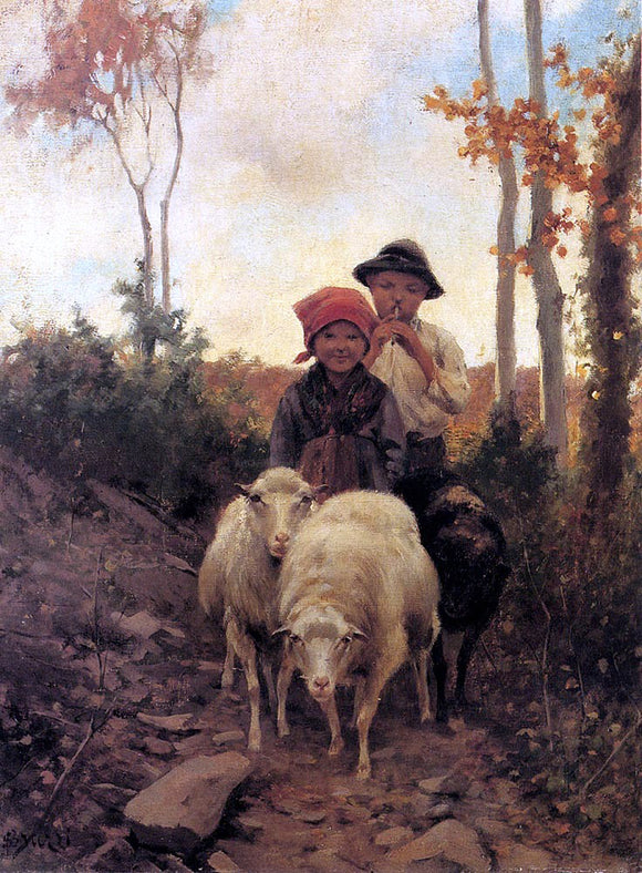  Stefano Bruzzi Children With Sheep On A Path - Art Print