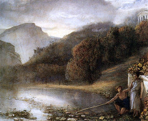  James Smetham Classical figures by a river with a Temple Beyond - Art Print