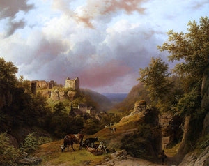 Barend Cornelis Koekkoek Countryfolk, Cattle and Goats on a Mountain Path with a Village Beyond - Art Print