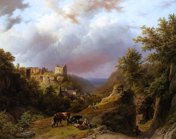  Barend Cornelis Koekkoek Countryfolk, Cattle and Goats on a Mountain Path with a Village Beyond - Art Print