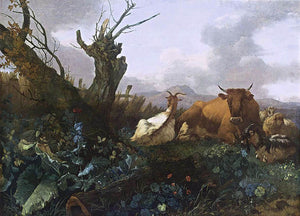 Willem Romeijn Cow, Goats and Sheep in a Meadow - Art Print