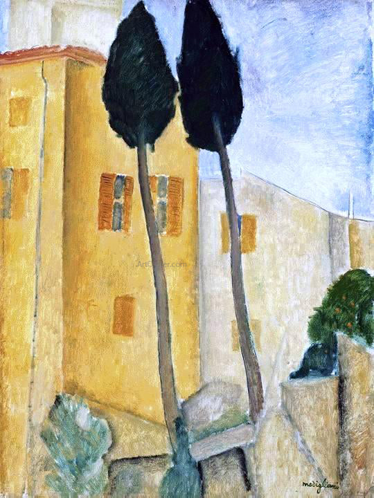 Amedeo Modigliani Cypress Trees and Houses, Midday Landscape - Art Print