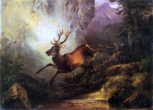  Friedrich Gauermann Deer Running Through a Forest - Art Print