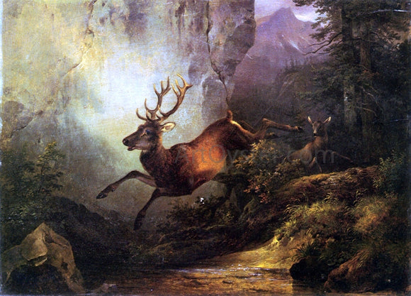  Friedrich Gauermann Deer Running Through a Forest - Art Print