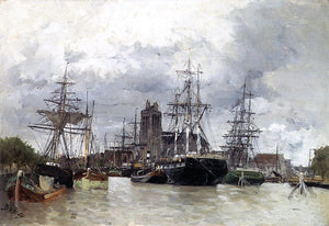  Frank Myers Boggs Dordrecht Harbor with Shipping and Cathedral - Art Print