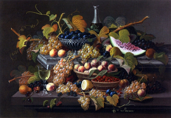  Severin Roesen Elaborate Still Life with Silver Basket of Plums - Art Print